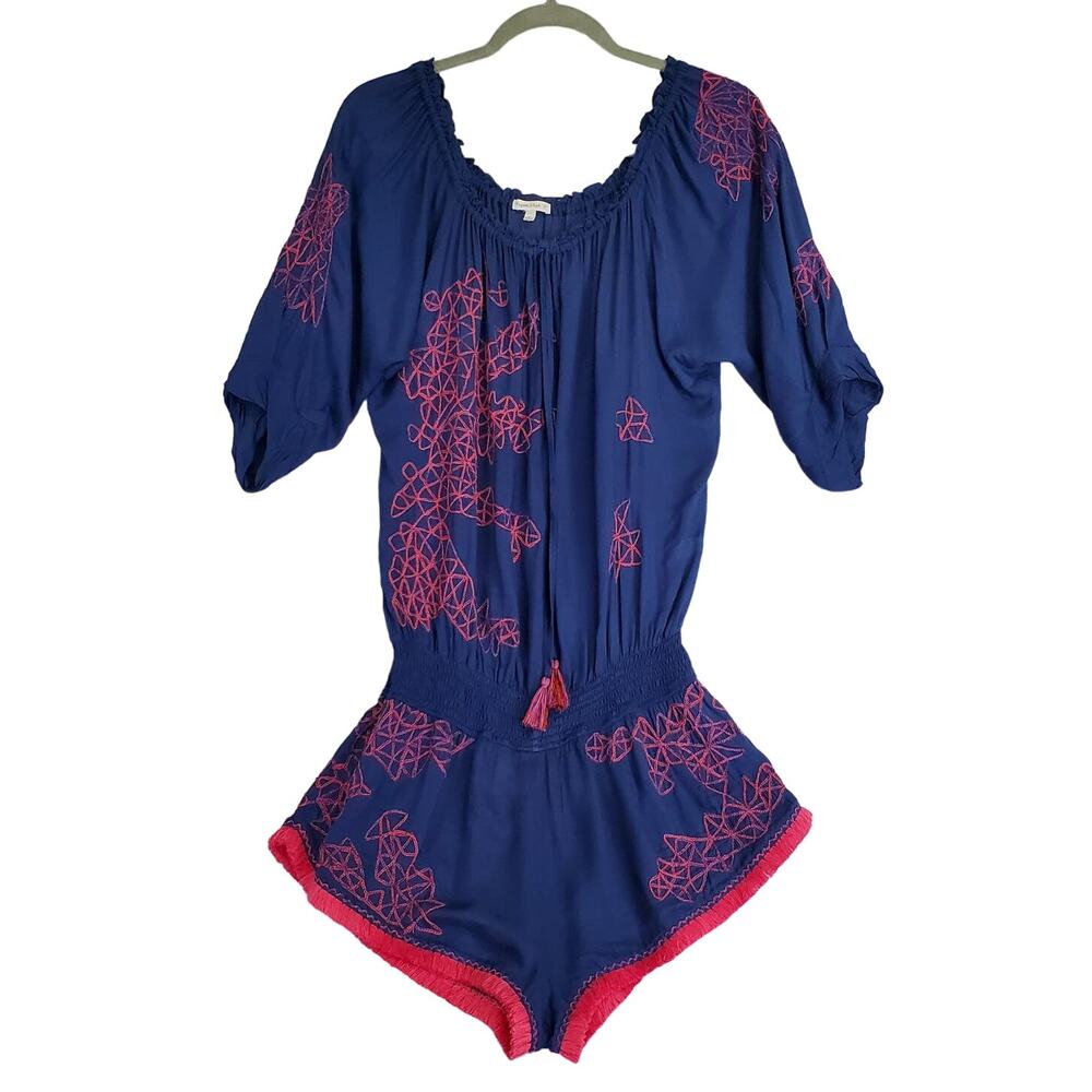 Poupette St. Barth Navy Blue Romper with Pink Geometric Embroidery